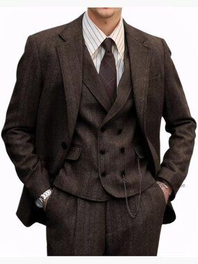 Men's 3-Piece Tweed Suit Set Wool Blend Formal Jacket Vest Pants